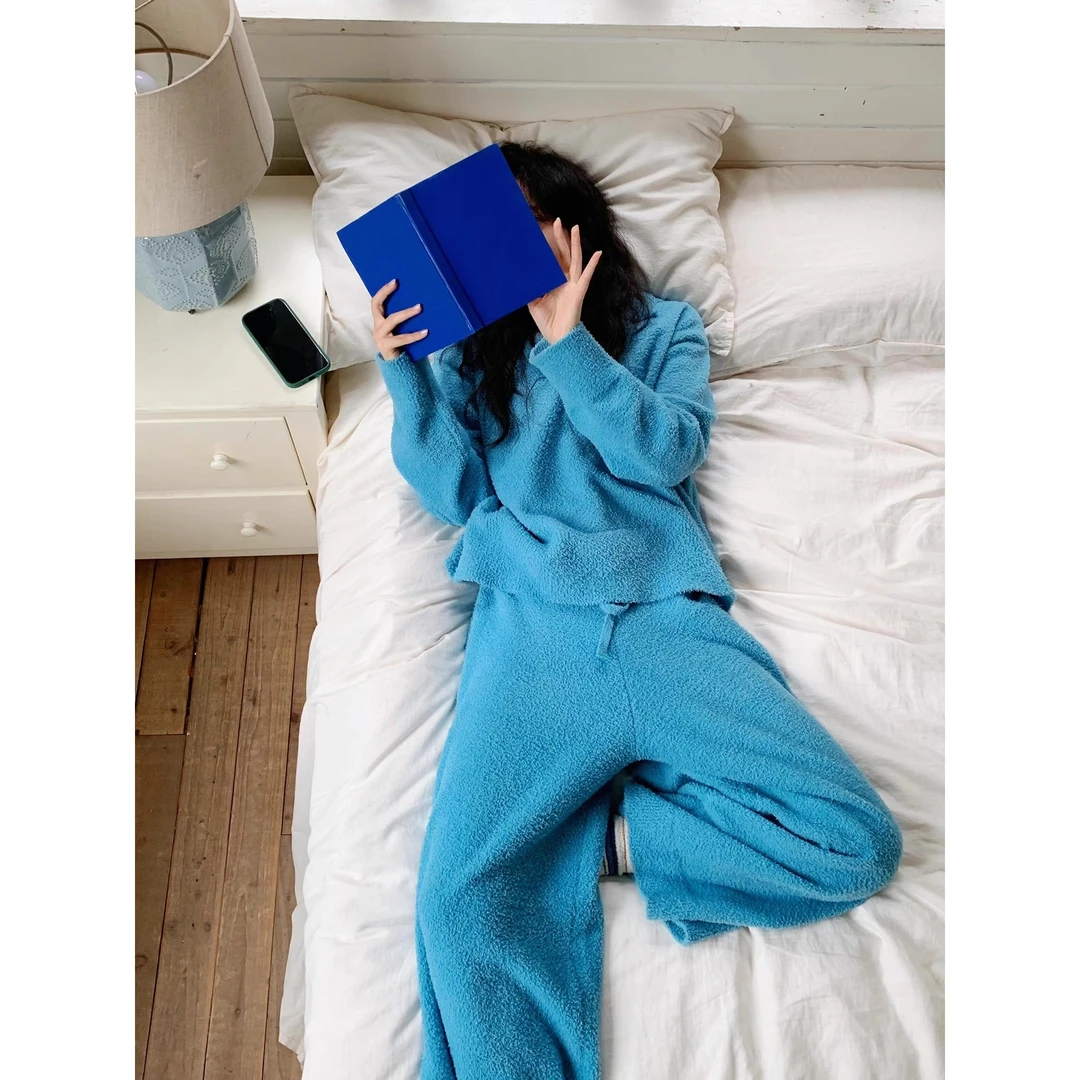 韩版简约纯色针织半边绒睡衣女2025年冬季新款保暖加厚家居服套装