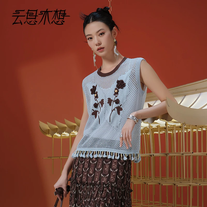 Ysimo-X云思木想 蝶羽生棉 提花钉珠钩花下摆流苏毛针织衫13471