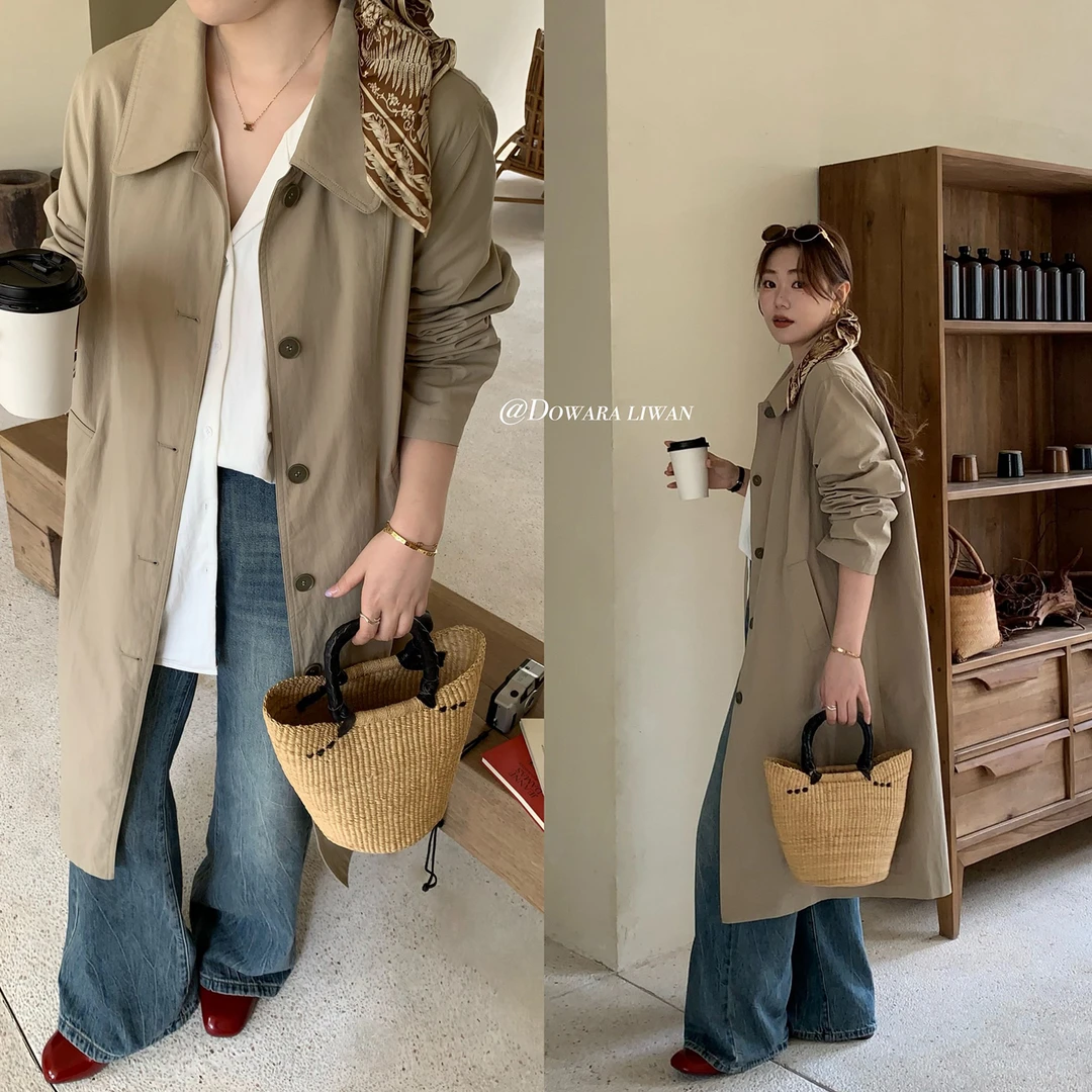 现货7632D大婉酱微胖定制 经典中长款风衣外套女休闲宽松简约上衣