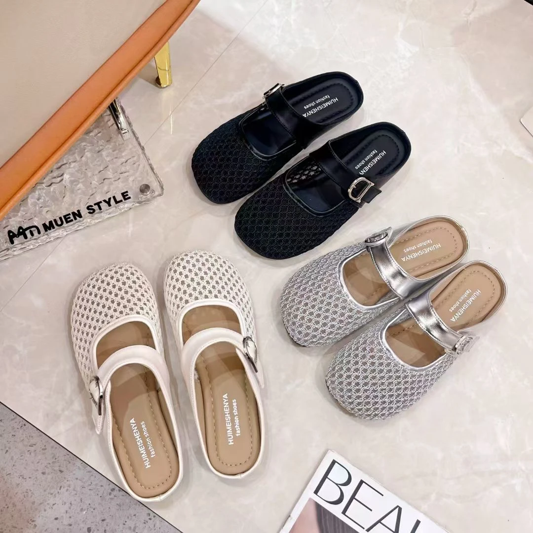 912包头平底0.6修面皮镂空包头拖小香风宝宝方头夏季