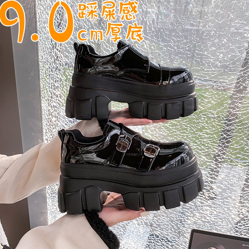 真皮厚底粗跟乐福鞋女2025春季新款黑色亮皮单鞋增高英伦风小皮鞋