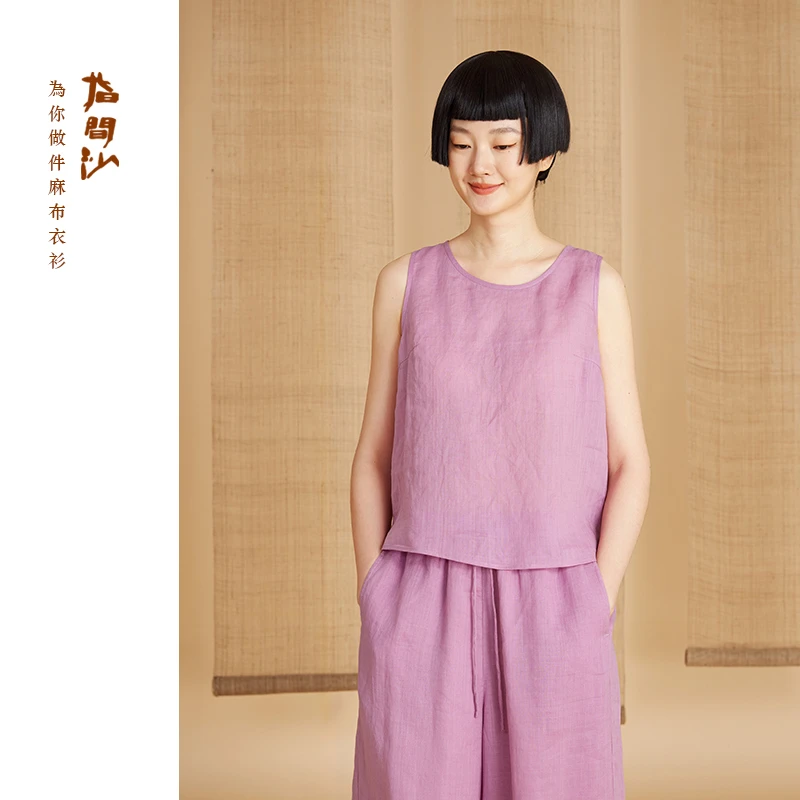 指间沙23005苎麻圆领轻薄凉爽夏季新款女装短款无袖背心纯色通勤