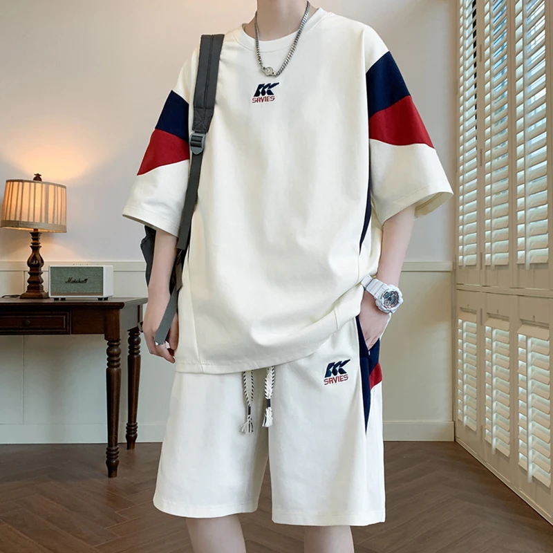 短袖休闲运动套装男士夏季薄款冰丝插肩袖撞色一套搭配夏装潮流