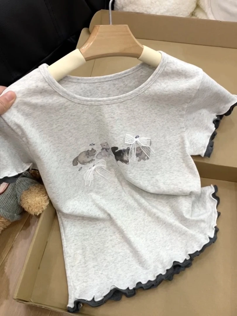灰色蕾丝蝴蝶结卡通猫咪短袖T恤女春夏季双层木耳边修身显瘦上衣