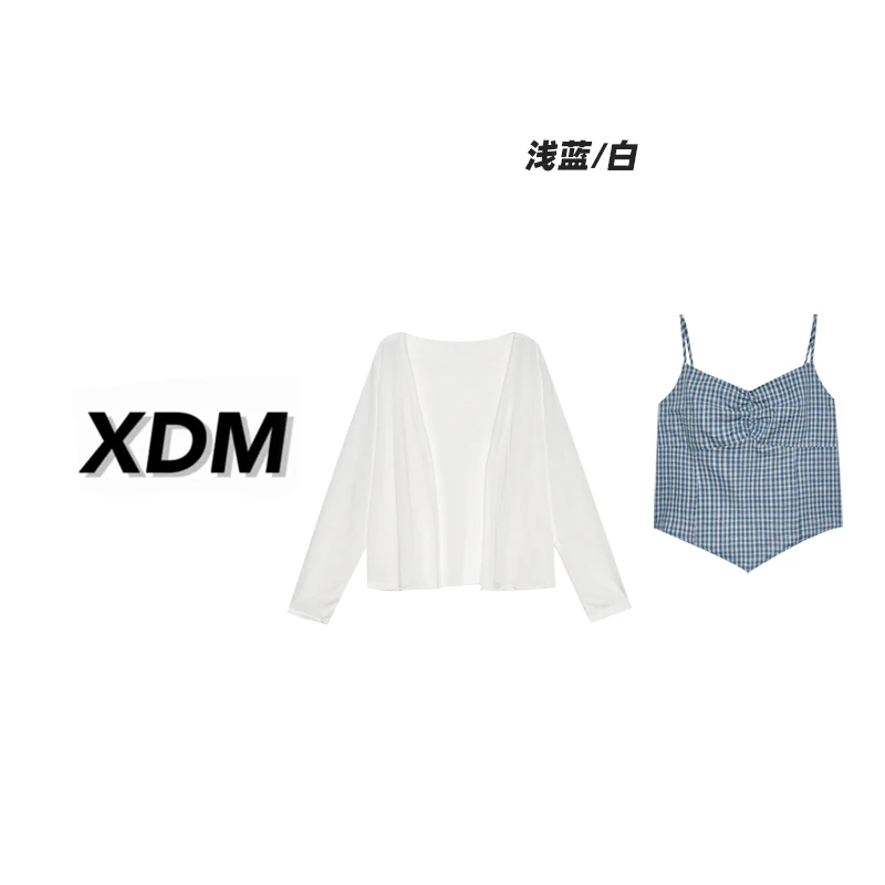 两件套薄款防晒罩衫弹力格纹吊带夏季显瘦大码女装轻薄两件套3315