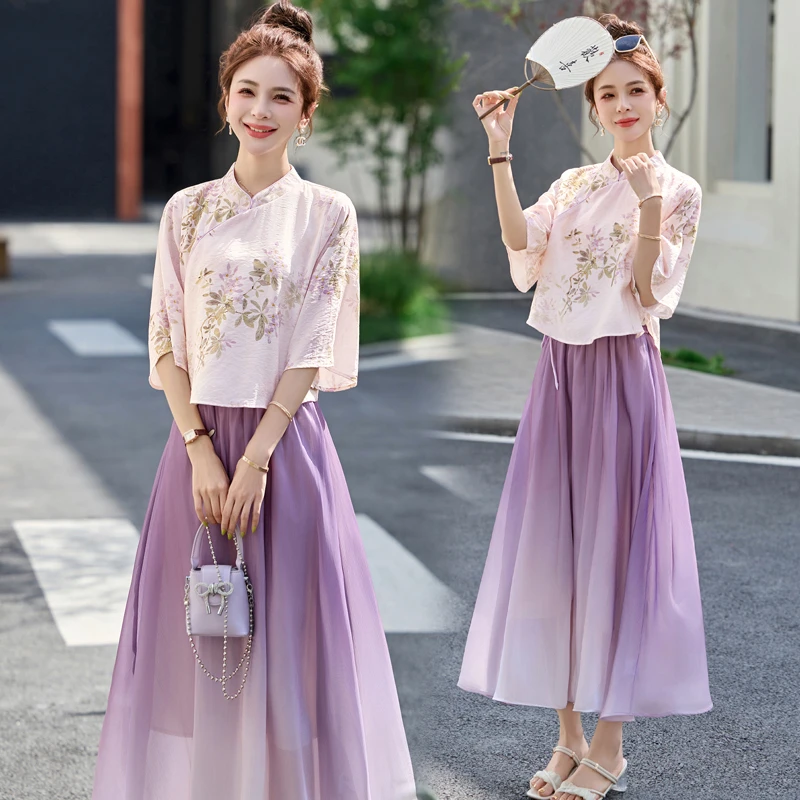新中式轻国风套装裙女夏季小个子改良汉服日常可穿禅意茶服两件套