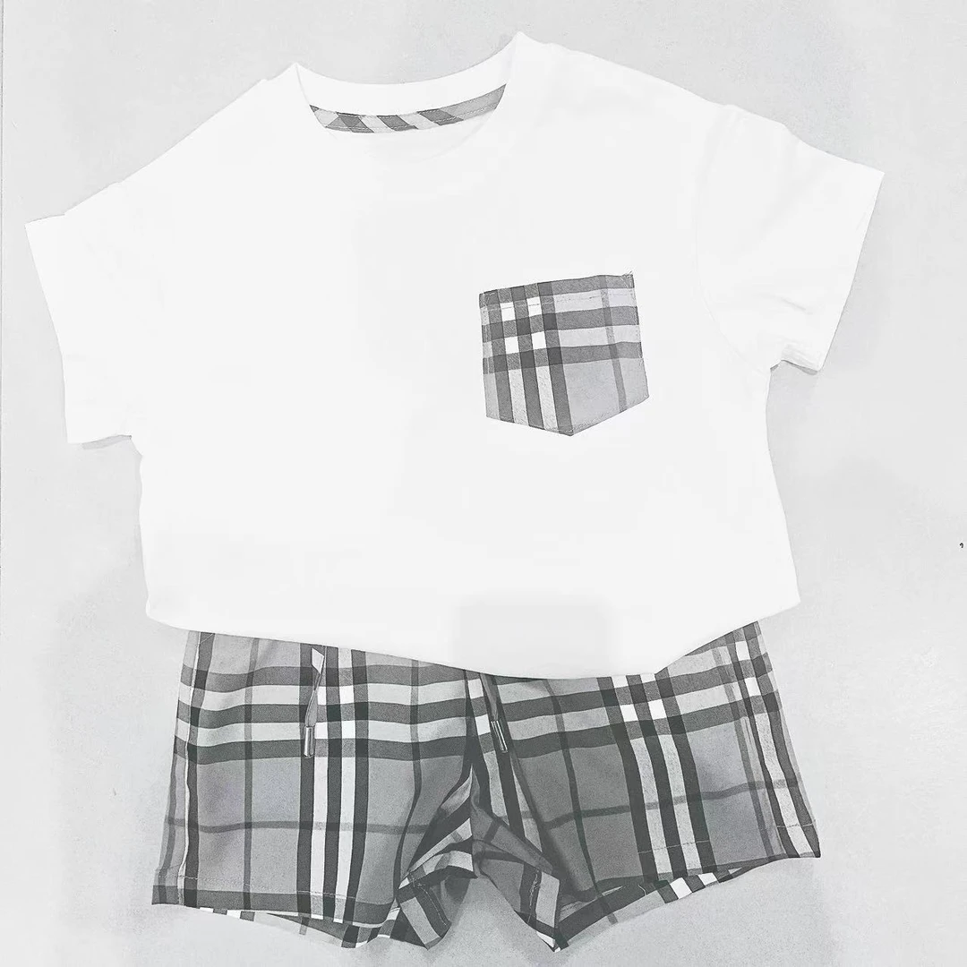【轻奢格子】88355儿童男女童夏季新款时尚洋气经典格半袖短裤套装