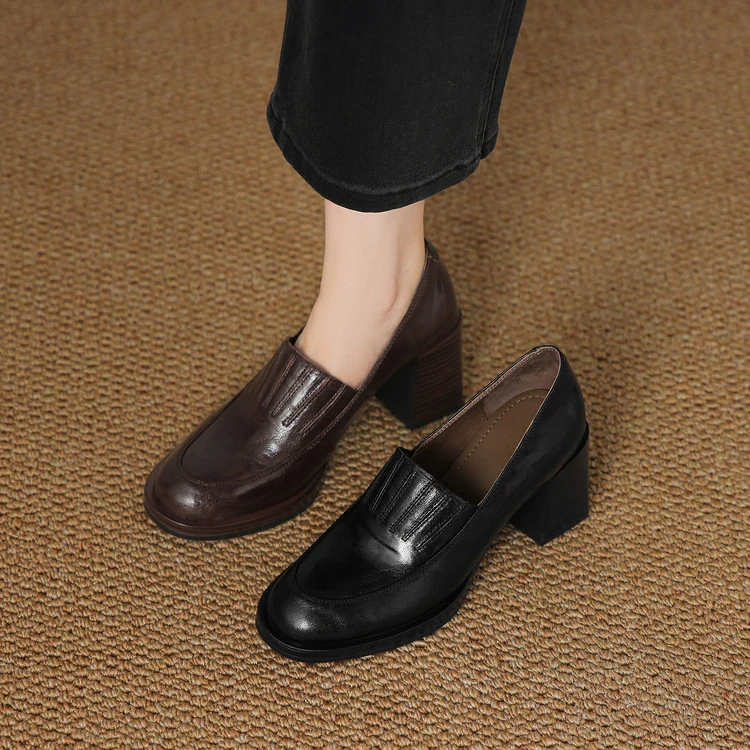 7.5cm 英伦风复古百搭粗跟乐福鞋春秋通勤休闲简约风时尚高跟单鞋