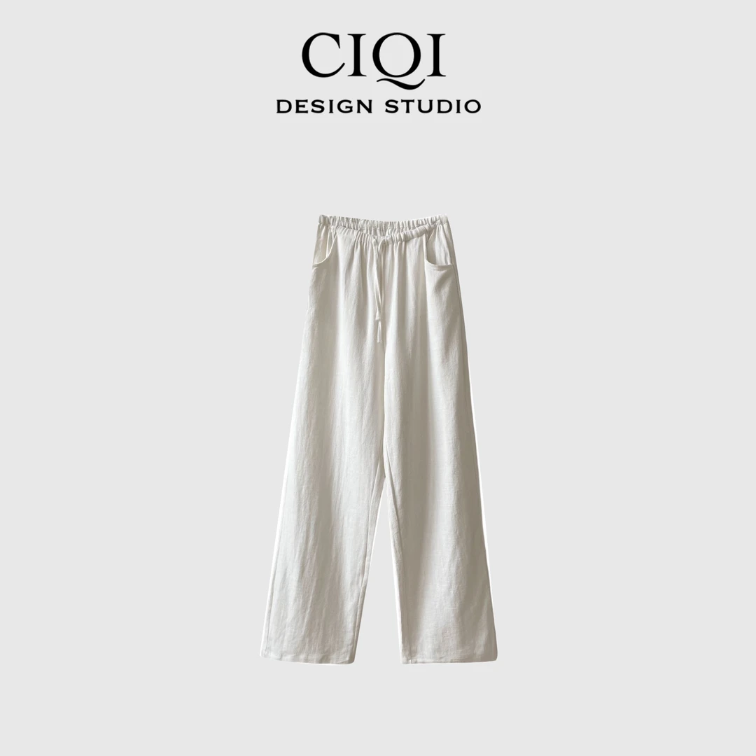 CIQI STUDIO 2025春夏苎麻宽松简约显瘦直筒白麻裤WK25201