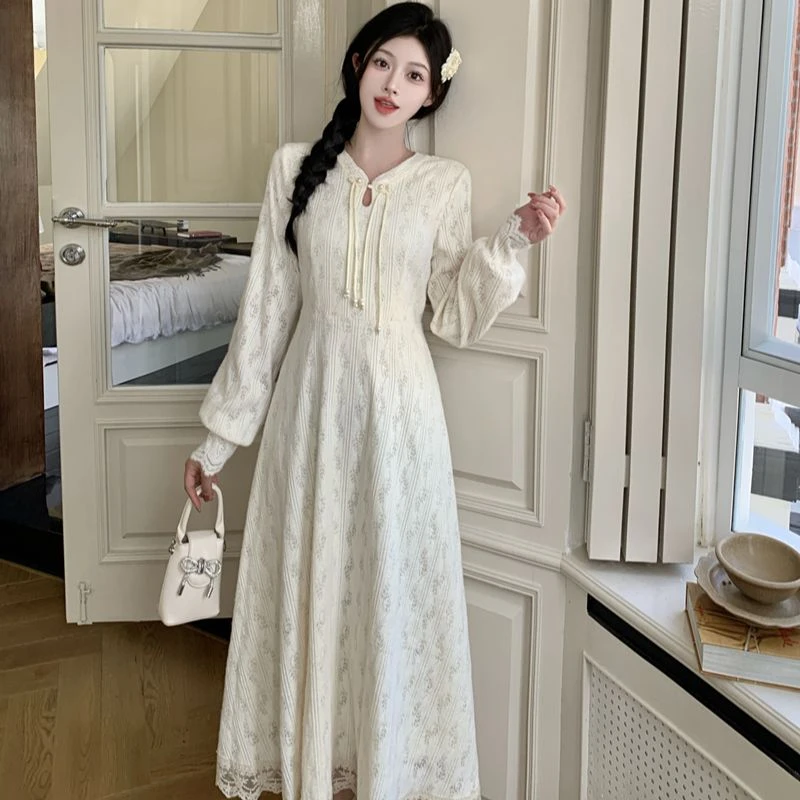 C-6116大码秋冬季新款新中式连衣裙收腰显瘦内搭杏色长裙