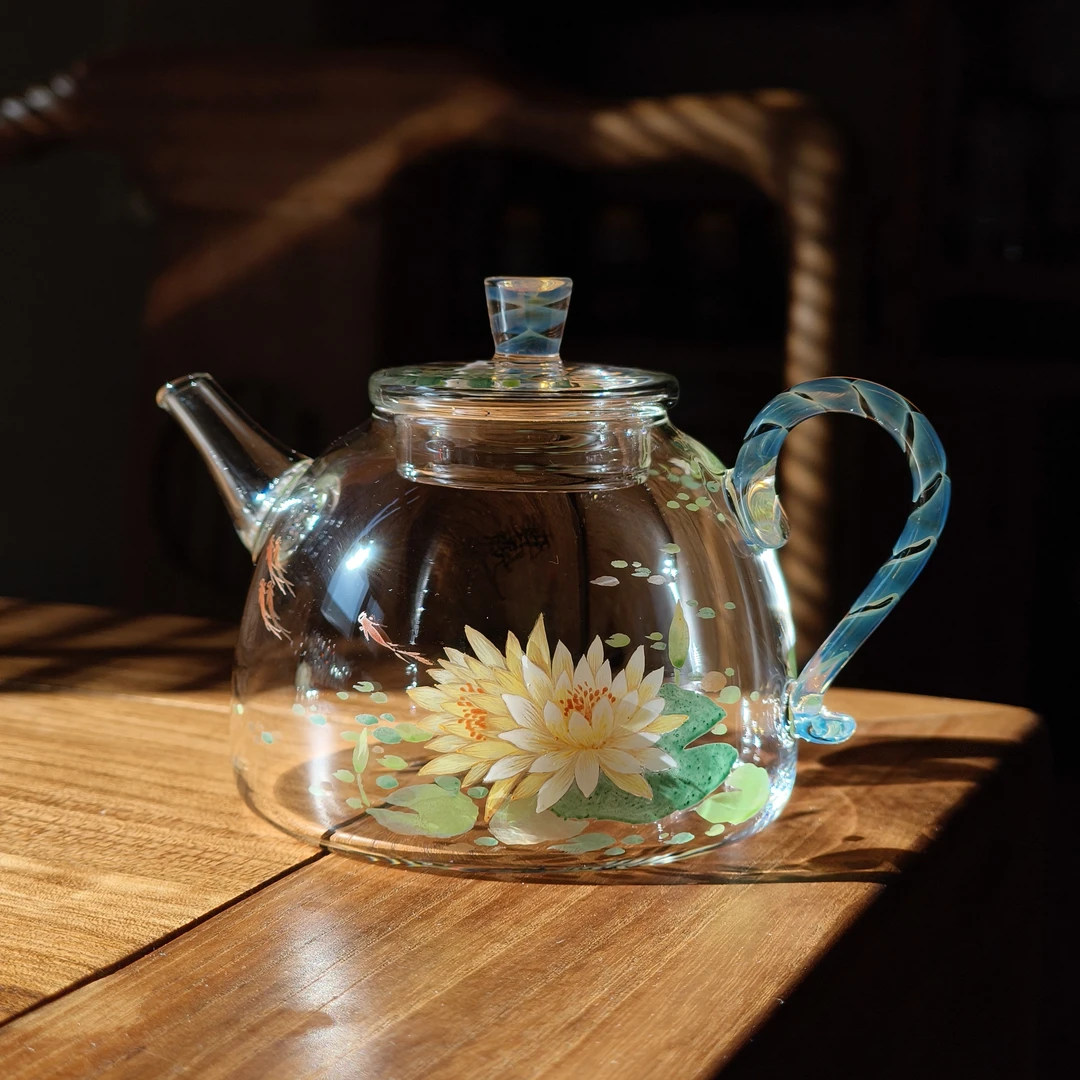 高档纯手绘玻璃泡茶壶（玉见纯手工玻璃茶具）-睡莲（一物一拍）