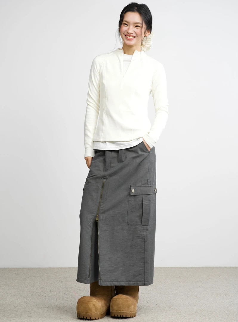 AEEANCEE拉链开叉棉半裙DZ2355