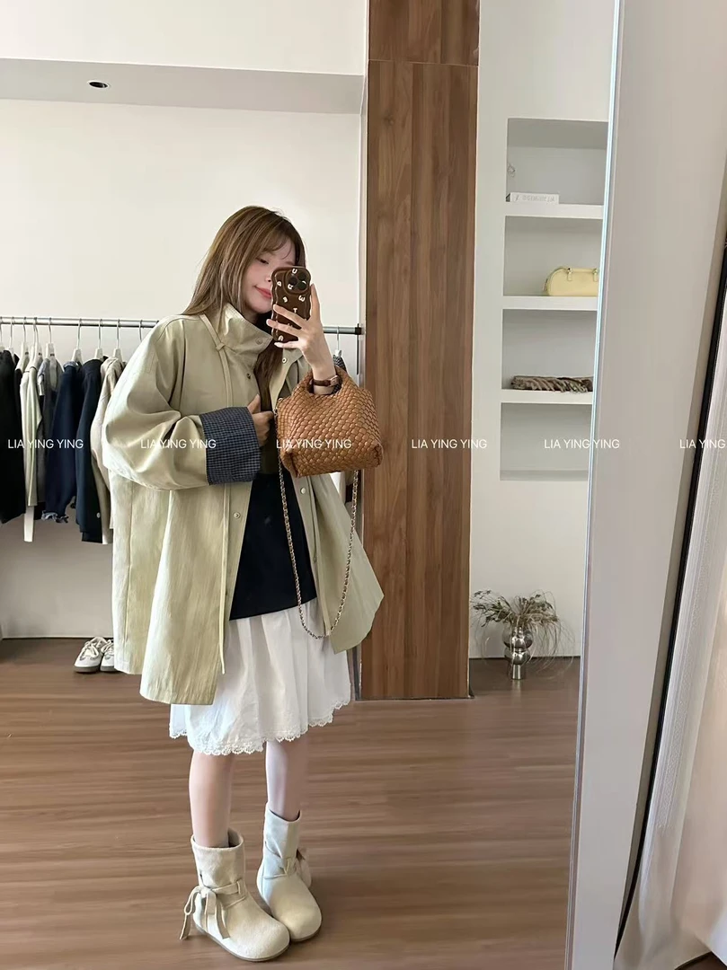 【罗马餐厅】韩货新款·袖口格纹卡其色风衣女中长款宽松韩系外套