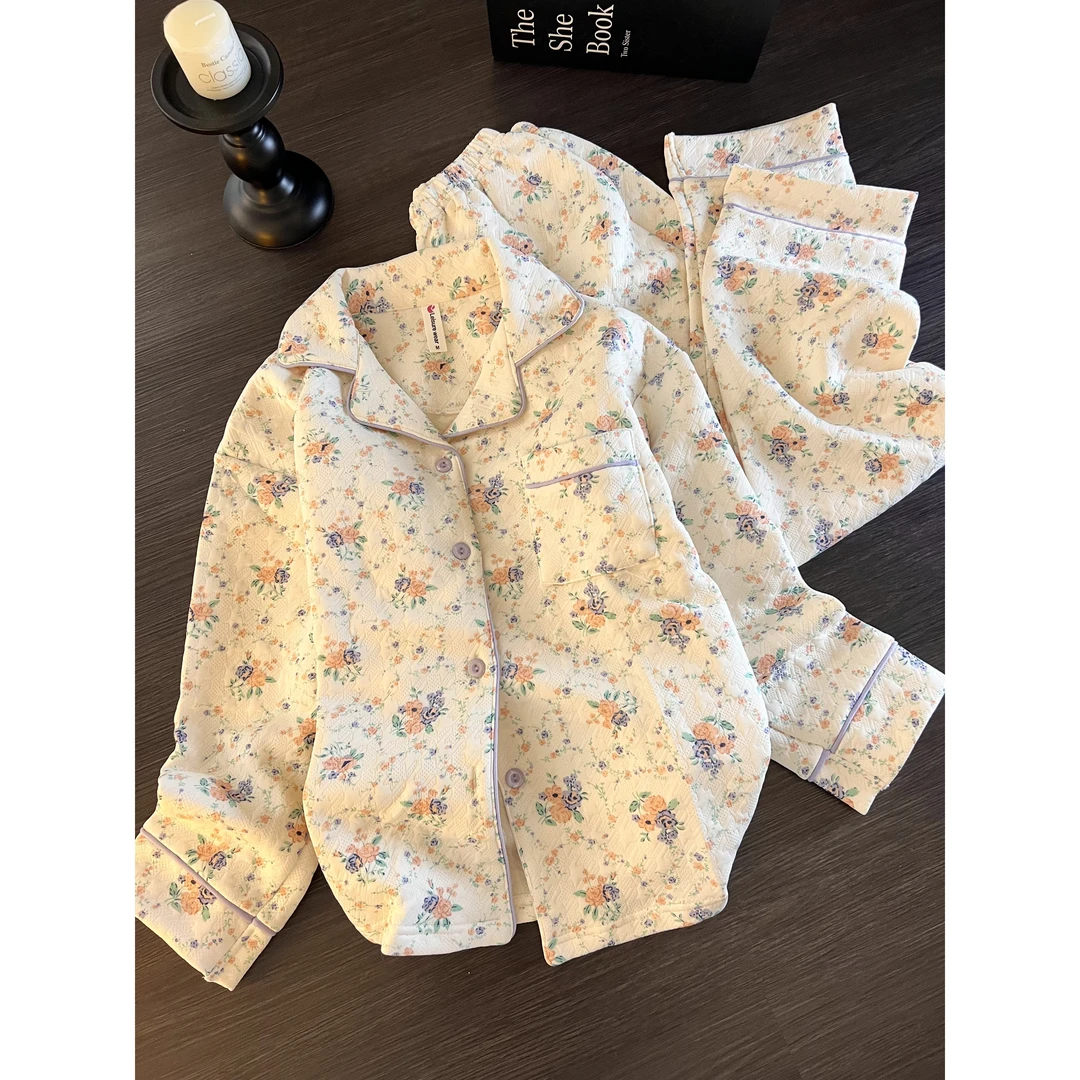 韩版甜美时尚花卉夹棉睡衣女秋冬季新款加厚保暖家居服套装可外穿