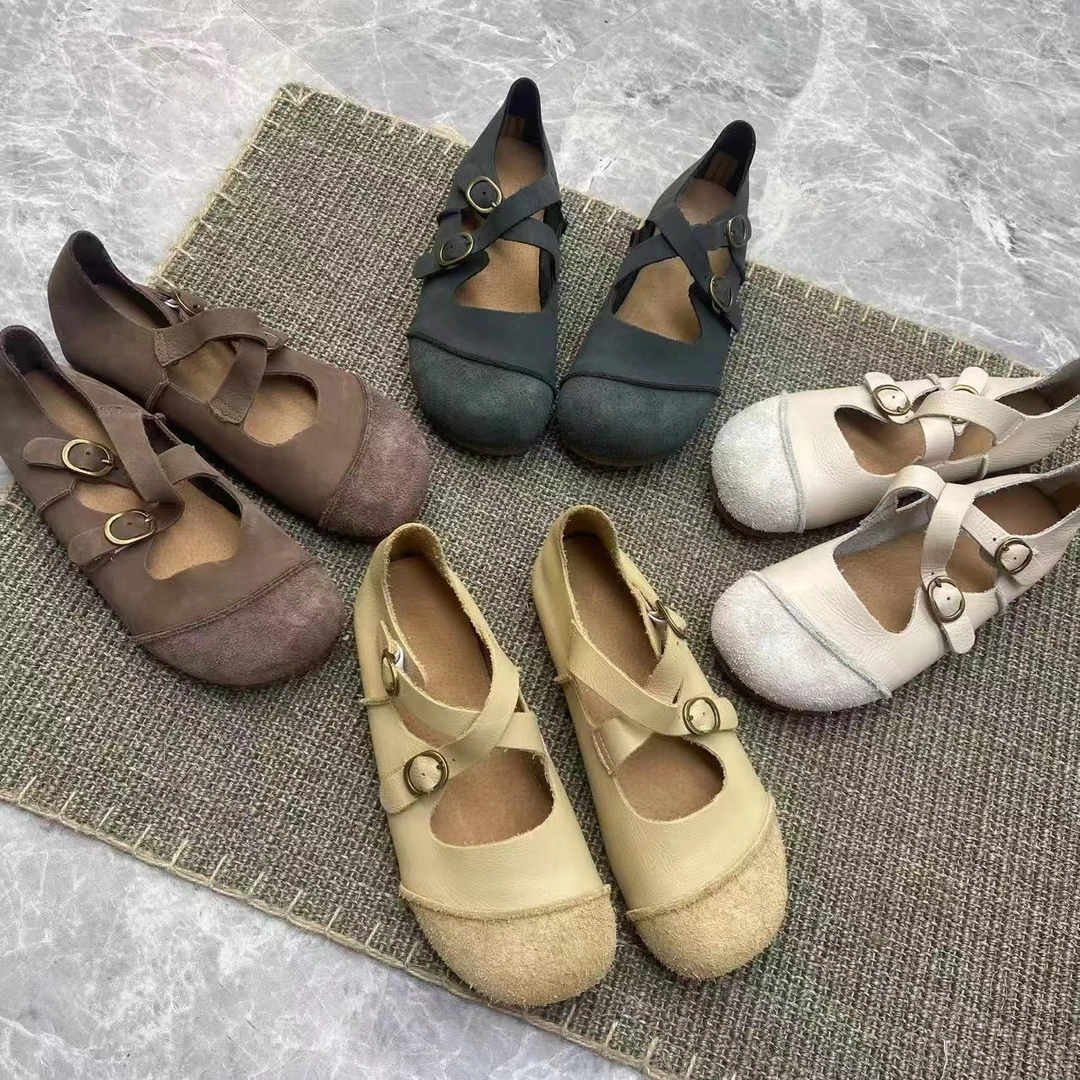 头层牛皮交叉扣带休闲女鞋民族风文艺复古软底软面平跟森女鞋