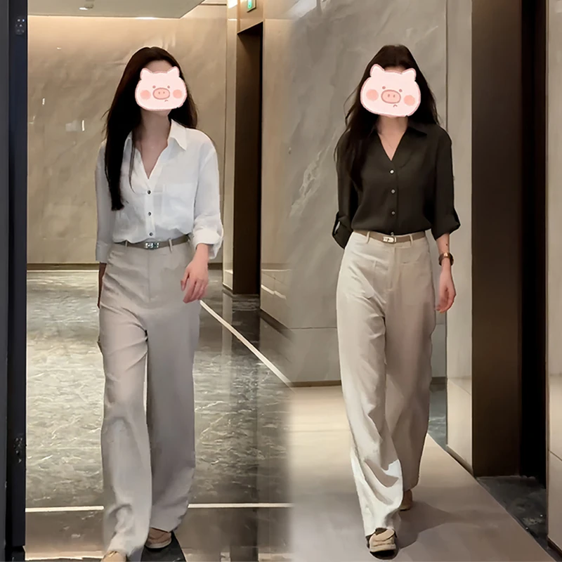 大方得体早秋女装2025新款小个子减龄气质纯色衬衫时尚百搭套装裤