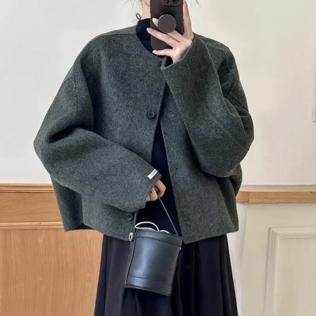 2025圆领短款双面羊毛大衣女冬季韩版宽松气质小香风毛呢外套