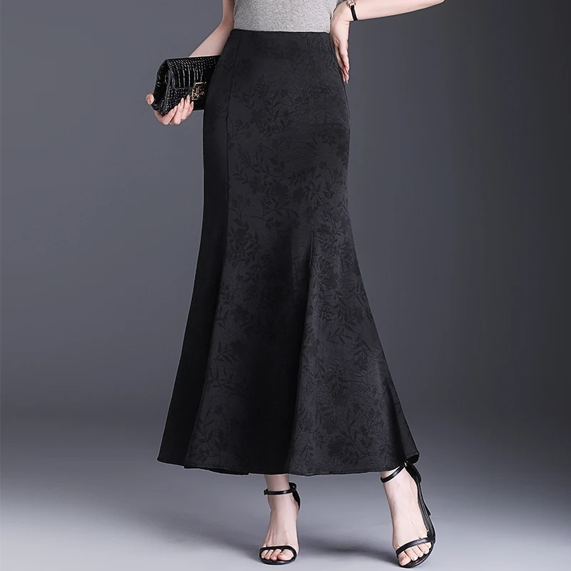 复古缎面印花鱼尾裙女春季2025新款气质修身包臀半身裙一步裙长裙