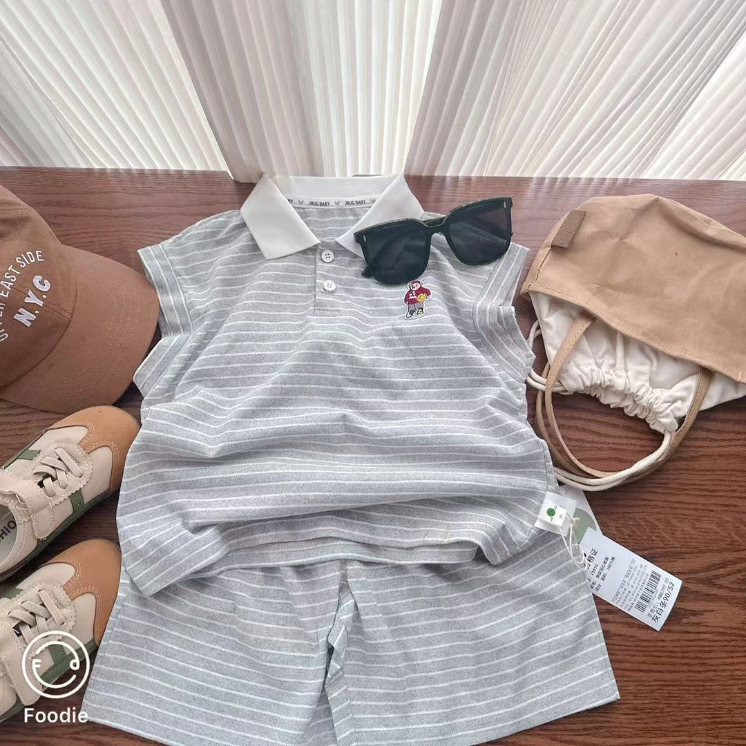 【JMJQ 25616】夏季新款开学季学院风翻领无袖短裤条纹户外休闲套装