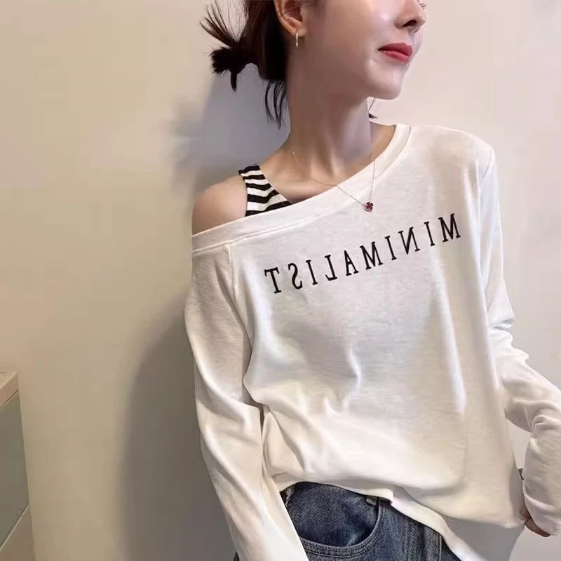 斜领露肩长袖T恤女2025秋季款韩版时尚休闲字母印花洋气百搭上衣