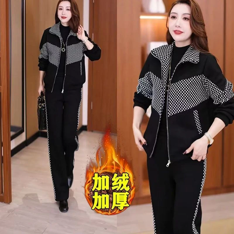 [质量保证]新款时尚减龄加绒加厚休闲套装女秋季冬季拼接格子外套