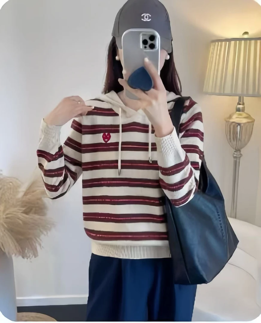 840-【杏-笑脸条纹帽衫】高级感气质针织女毛衣