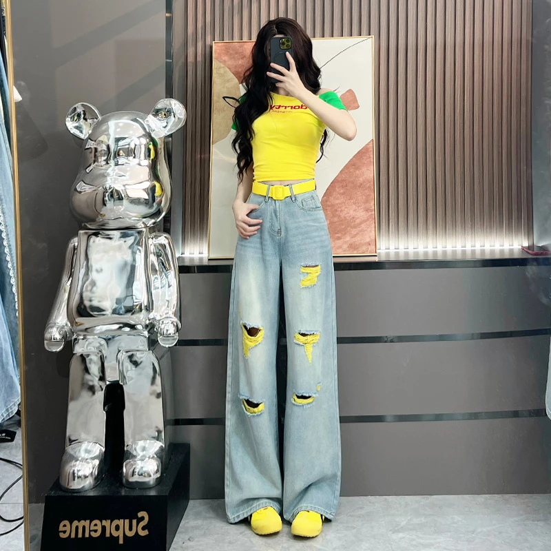 喜绚撞色破洞直筒牛仔裤女2025年新款夏季薄款垂感个性高街阔腿裤