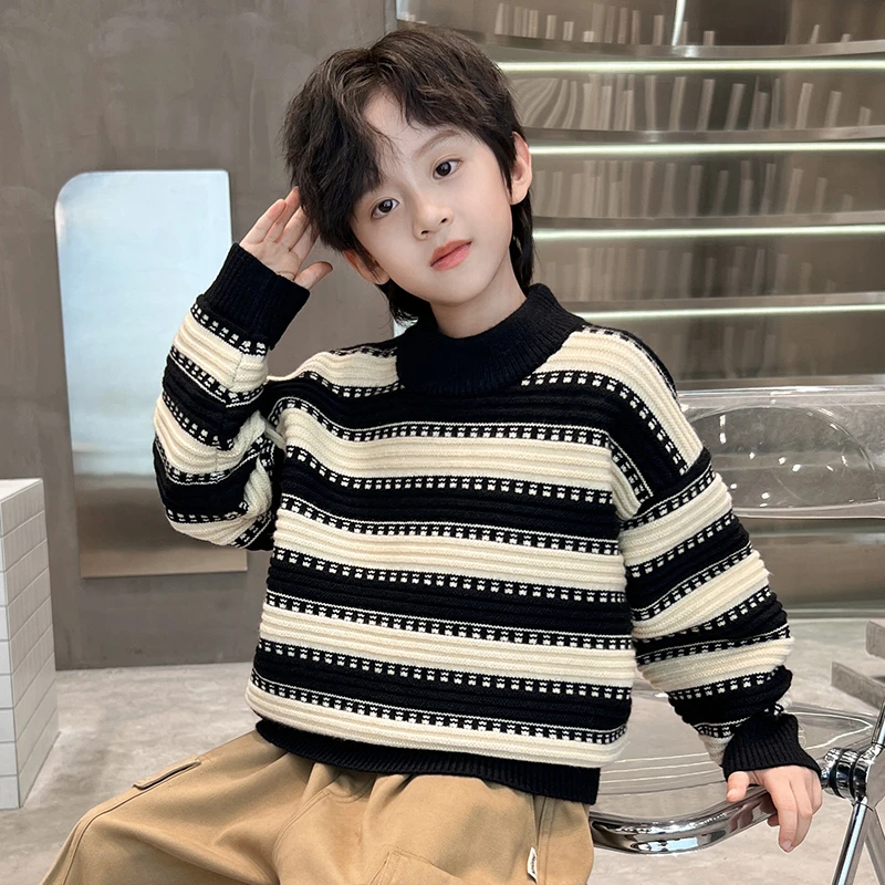 中班仔男童毛衣冬季新款儿童黑白条纹针织衫中大童撞色上衣*38364