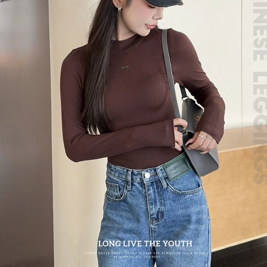 68013款无缝长袖打底衫保暖长袖木耳边女T恤百搭秋冬