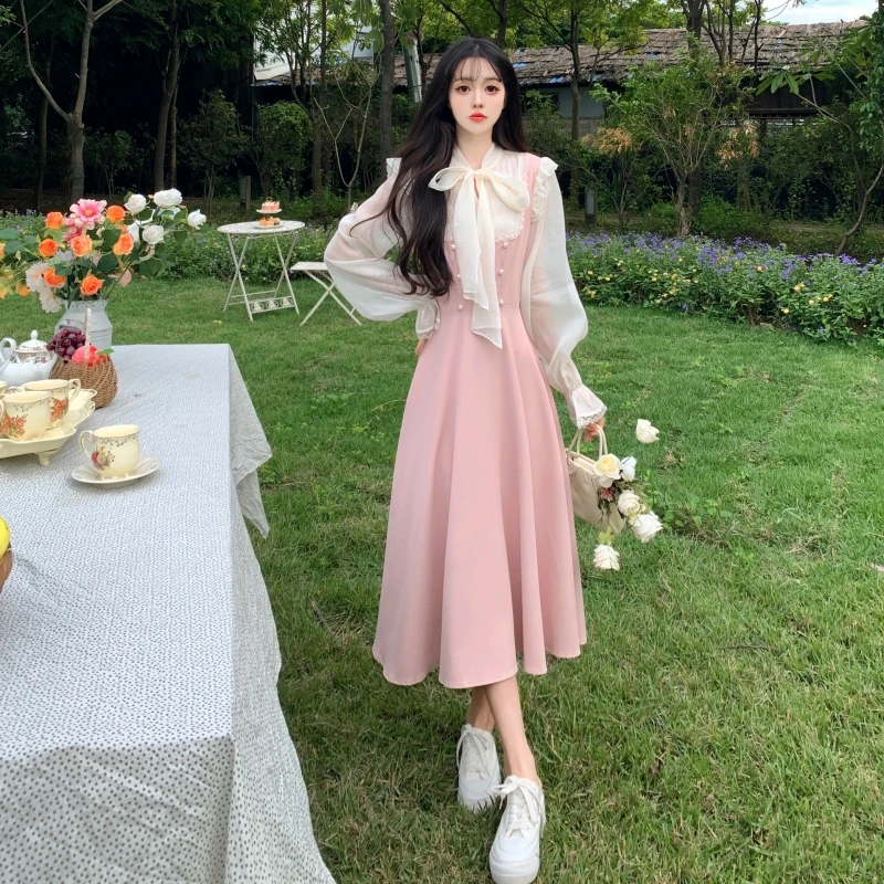 2025秋季大码女装新款时尚甜美气质长袖长款假两件套显瘦连衣裙