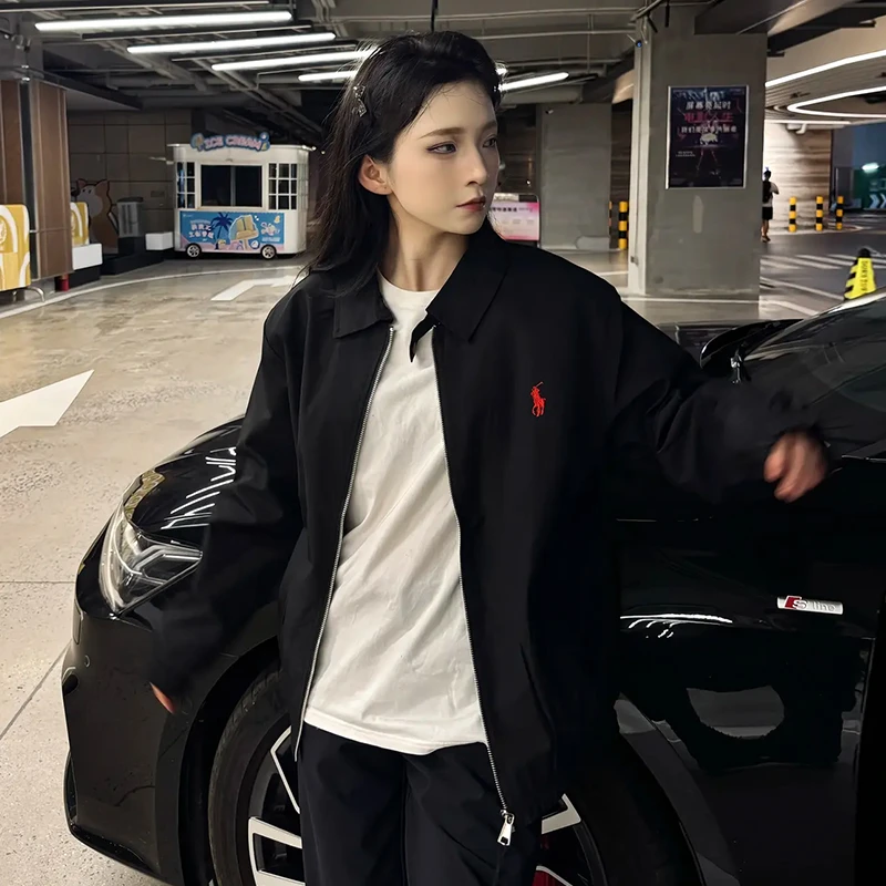 黑色哈灵顿行政夹克外套男女秋季短款正肩翻领棒球服成熟稳重男装