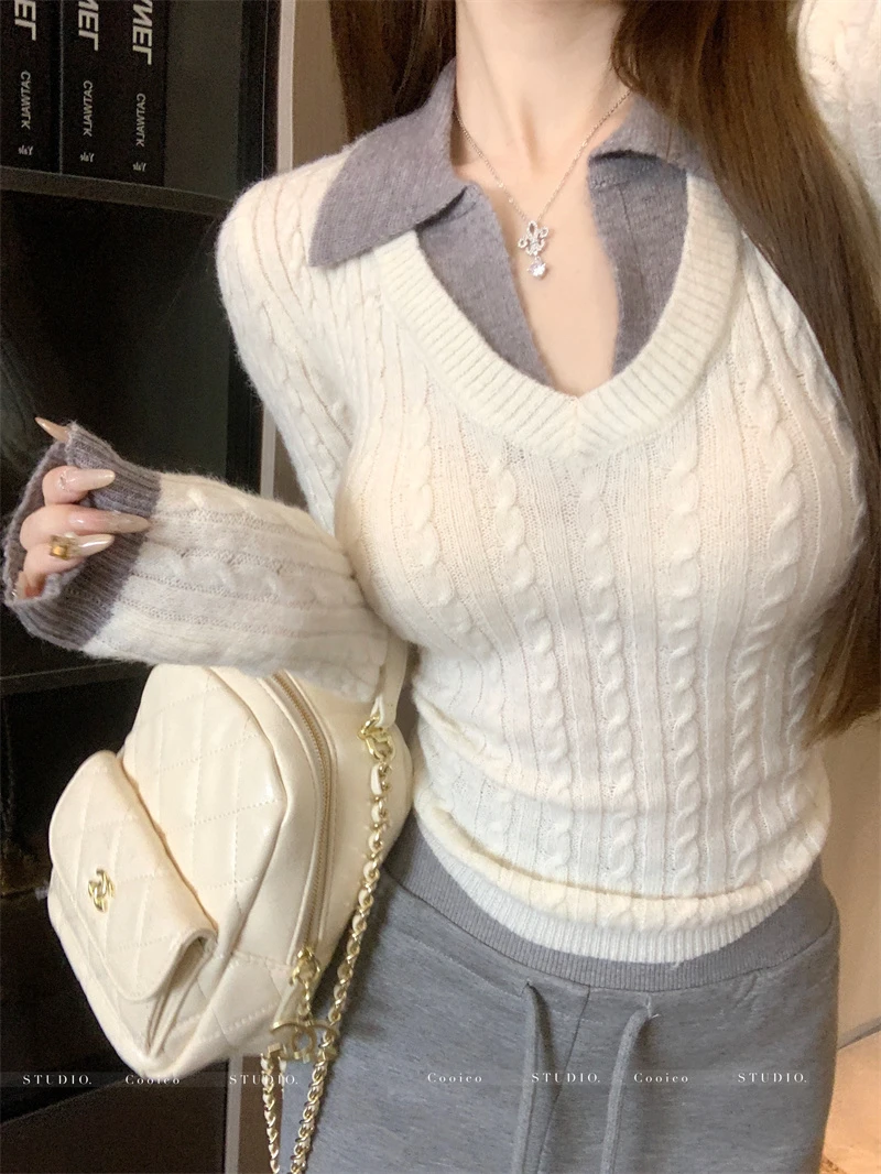 纯欲风撞色假两件拼接v领针织衫女冬季毛衣设计感长袖打底上衣女