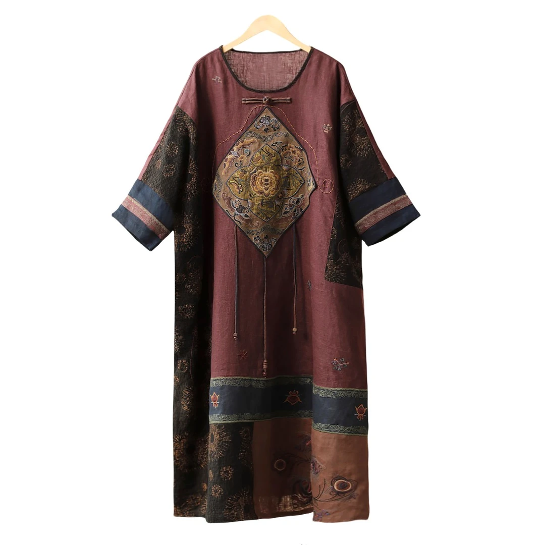 重工仿老刺绣拼接文艺复古设计师原创民族风宽松亚麻连衣裙袍子秋