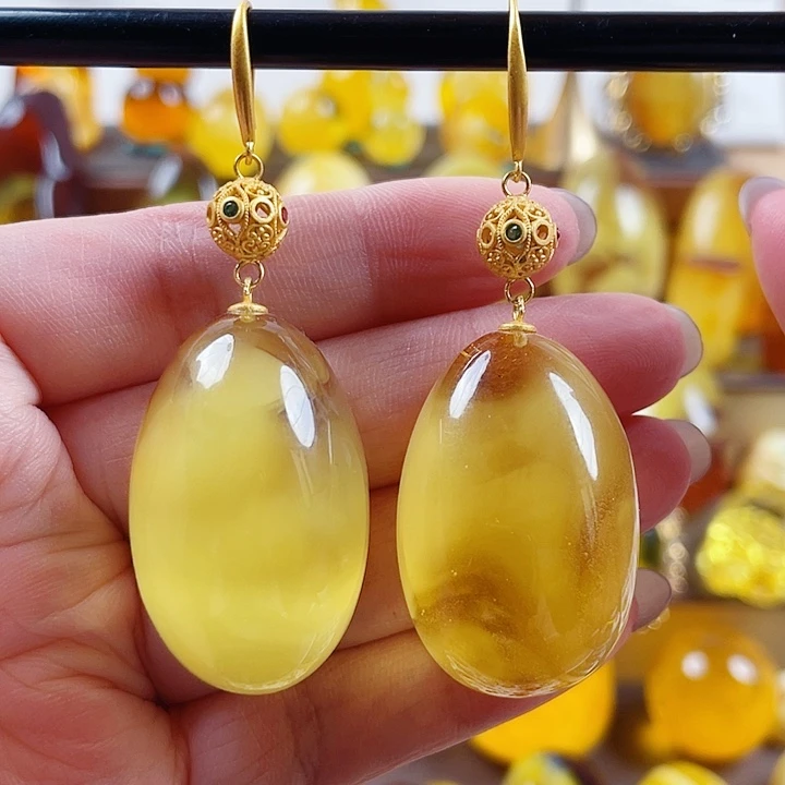 琥珀银S925镶嵌裸石耳环