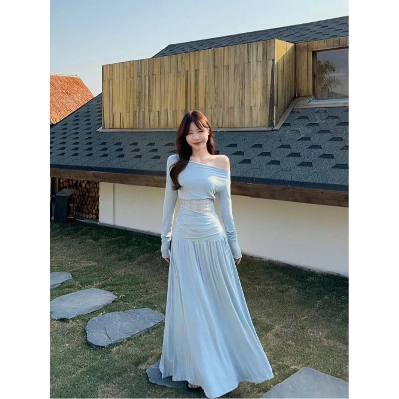 气质穿搭套装韩系时尚一字肩镂空蕾丝上衣女春季半身裙长裙两件套