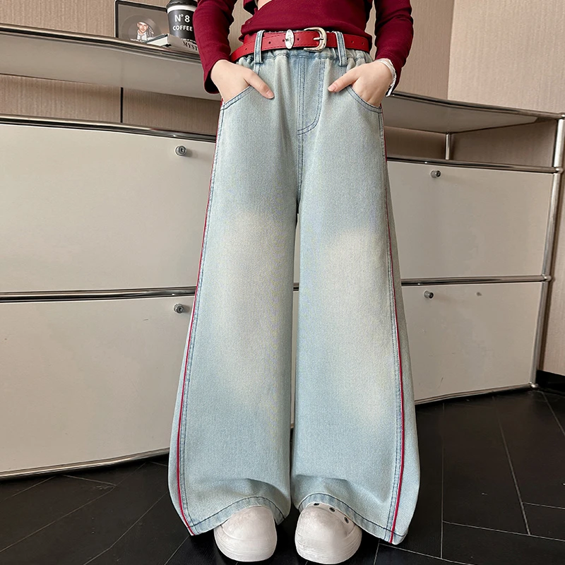 【嘻嘻柚】女童春季时髦拉条牛仔阔腿裤2025新款中大童宽松直筒长裤