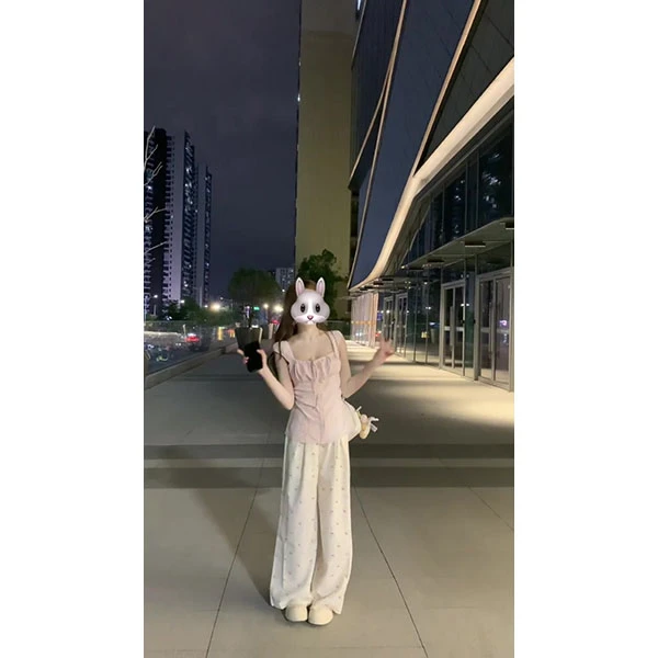 纯欲风粉色方领系带衬衫女夏季甜美露背收腰不规则上衣潮长裤套装