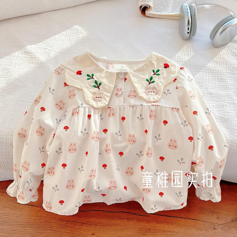 女童新款纯棉儿童衬衣百搭春季款娃娃领翻领洋气欧若风童装