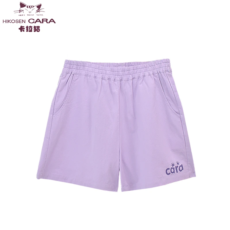 HIKOSEN CARA卡拉猫女士夏季休闲运动松紧字母短裤刺绣cara短裤