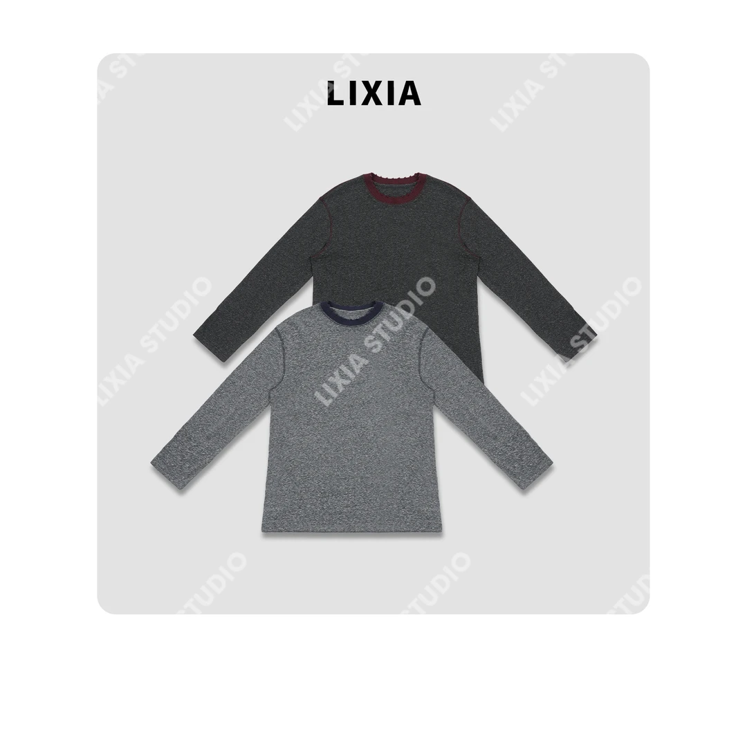 LIXIA【年华】领口微破洞拼接双色设计感针织长袖圆领打底衫-D8882