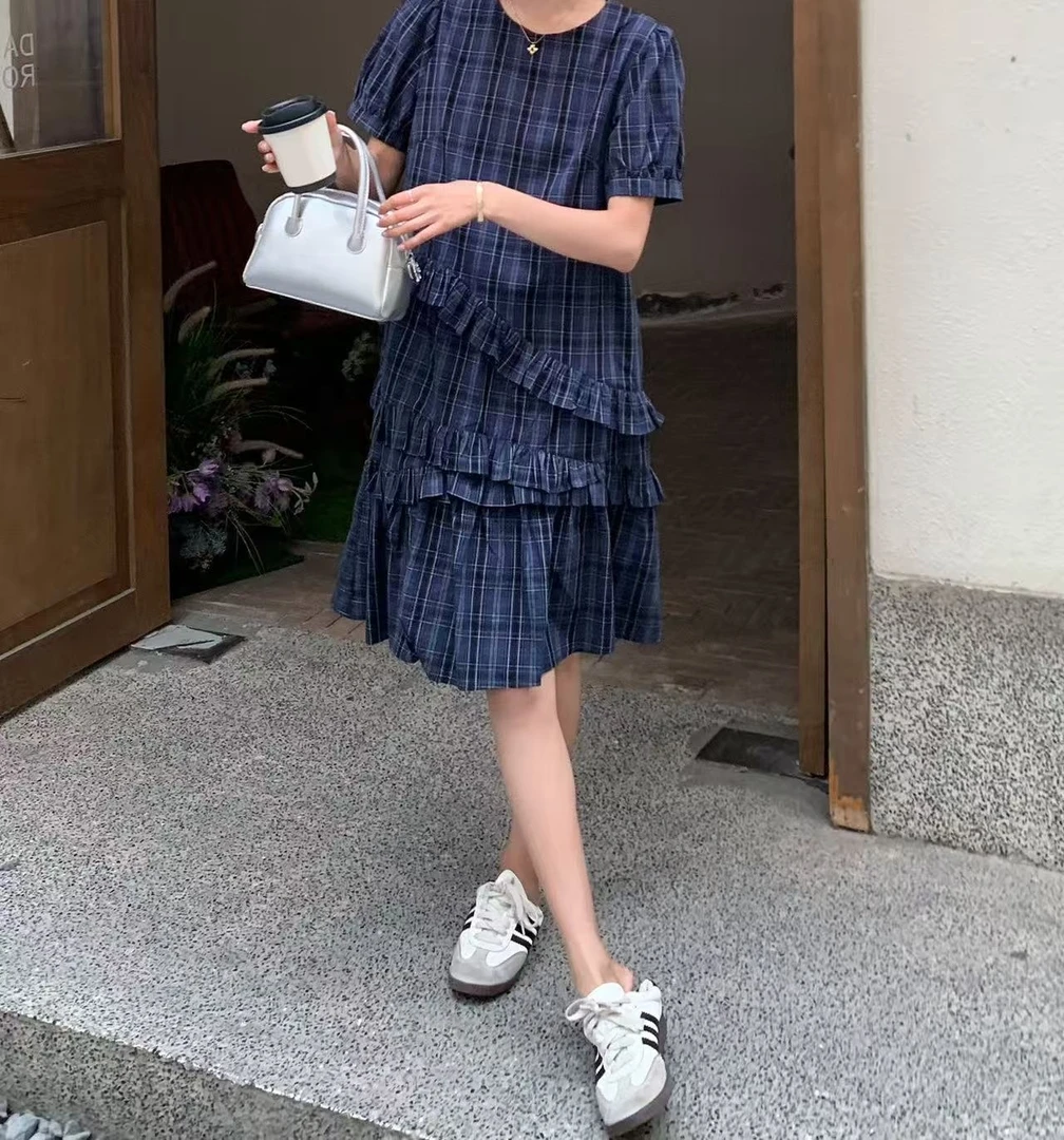 Manmi 木耳边拼接花苞袖格纹蓬蓬连衣裙  6125（C7）