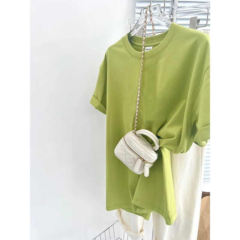 显白YYDS！牛油果绿重磅纯棉双层领短袖T恤纯色休闲抹茶绿打底体恤