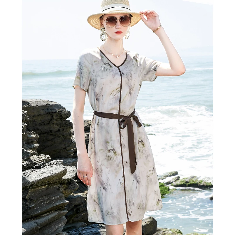 官方重磅真丝印花连衣裙女夏2025新款V领系带桑蚕丝短袖中长裙子