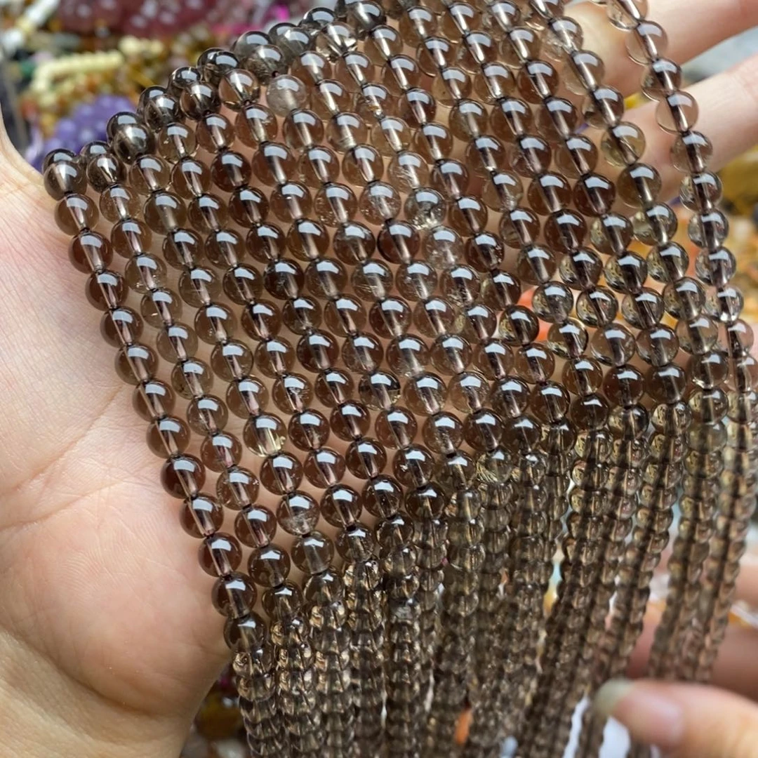 玛瑙/玉髓未镶嵌珠宝半成品一条纯天然茶晶圆珠6mm微棉