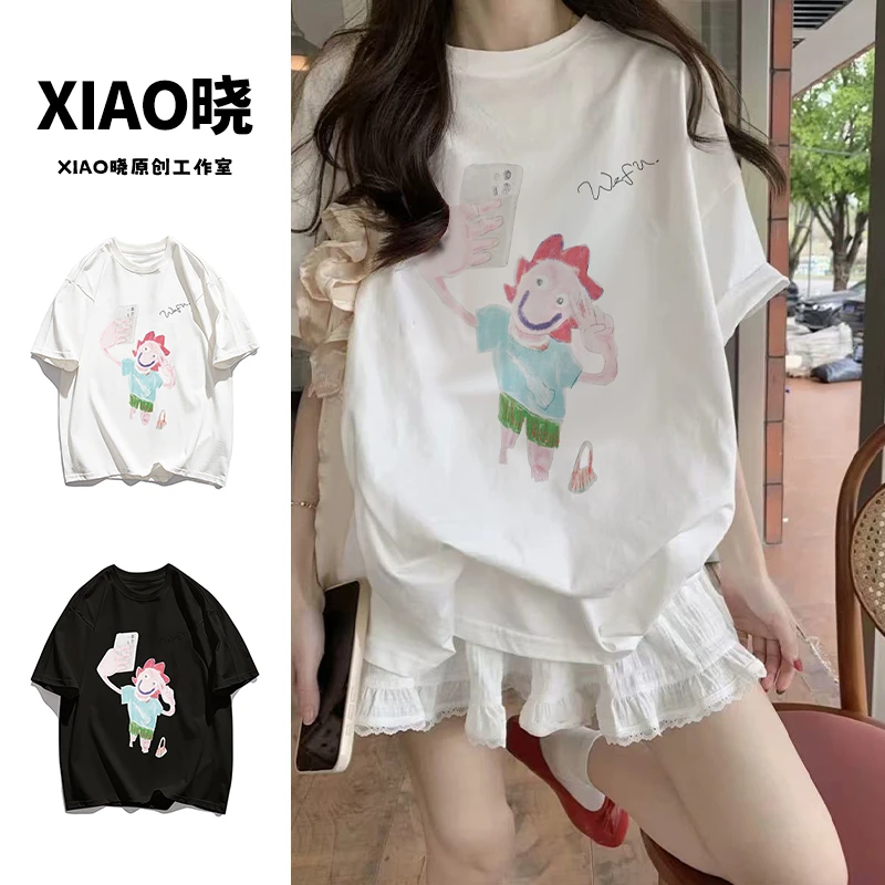 夏季100%纯棉宽松百搭小人自拍印花短袖圆领T恤休闲上衣#T016794