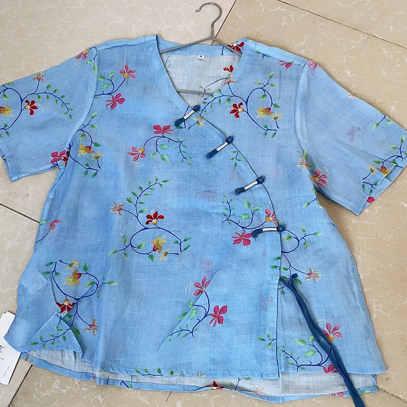 复古苎麻内里包边V领短袖衬衫女夏新款文艺大码新中式套头上衣