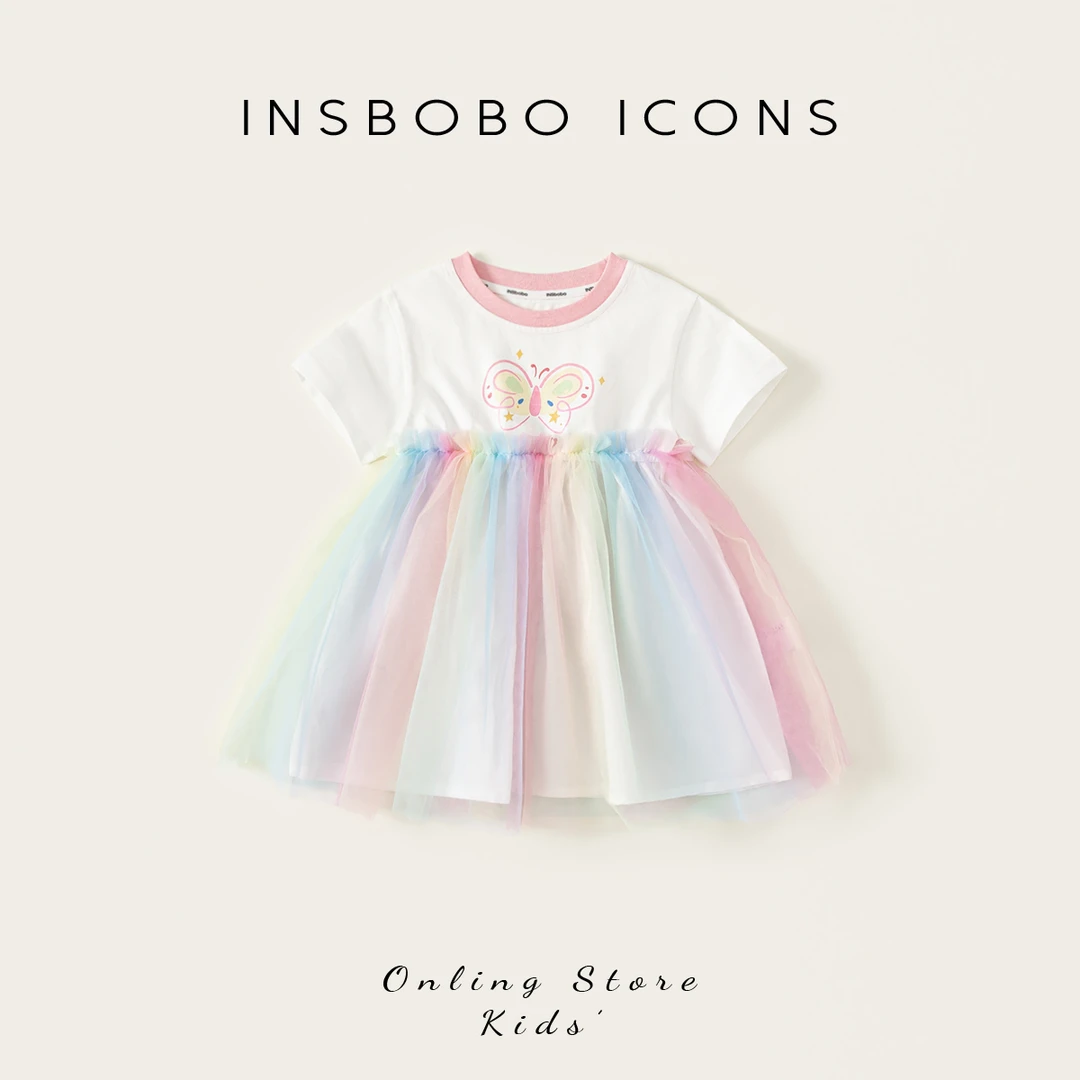 XQ25329【夏】儿童裙子（卡通圆领撞色印花彩色网纱连衣裙）