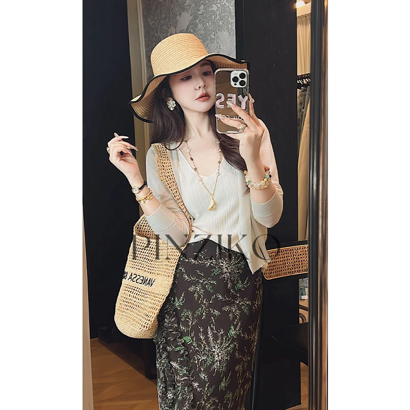 pinziko冰镇果冻~天丝亚麻设计感纽扣V领针织开衫百搭上衣TJF232