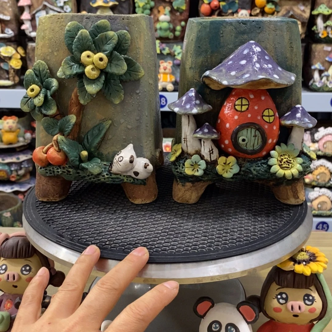 彩***！白狐粗陶手捏花盆