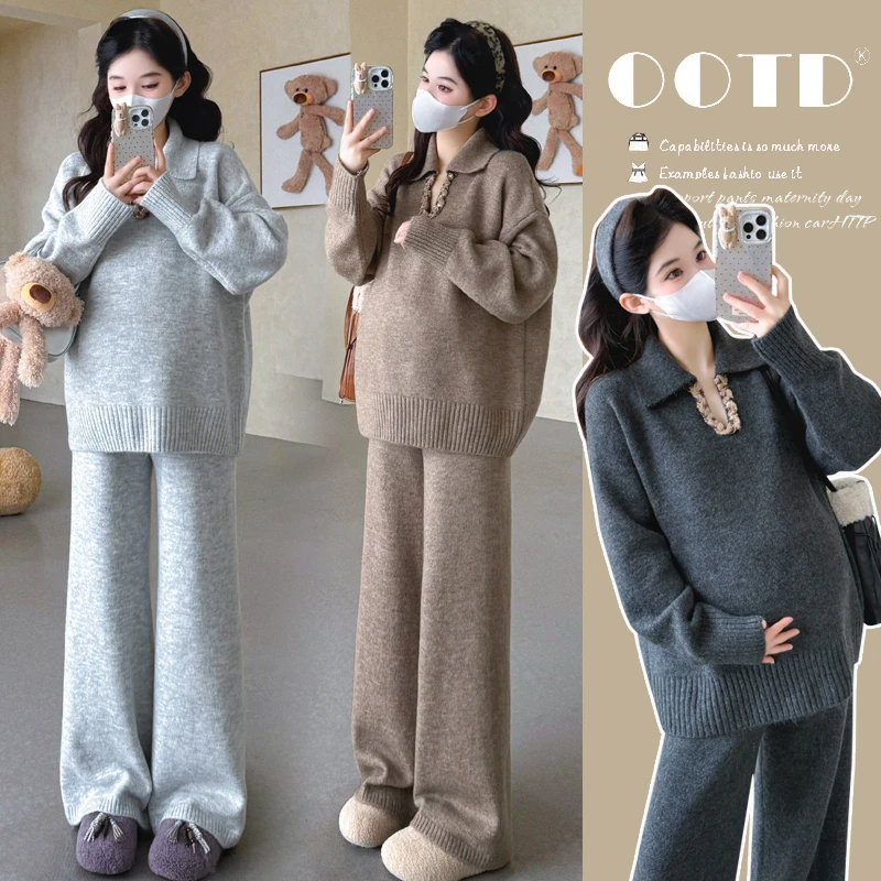 2025秋冬新品孕妇秋冬加厚翻领v领编织套头毛衣阔腿裤休闲套装